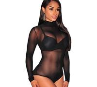 XFSRG Body Femme Col Haut Manche Longue Sexy Stretch Top Transparente Slim Elegant Bodysuit pour Clubwear Streetwear(Noir/L)