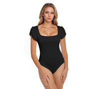 XFSRG Body Manche Courte Femme Bodysuit Carré Col Élégant Moulant Sculptant Manches Bouffantes Bodys pour Femme Top String Shapewear Gainant Confortable Extensible Vêtement Basique