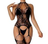 XFSRG Bodystocking Sexy Résille Lingerie Halter Combinaison Collant Transparent Body dos Nu Maille Bodysuit Babydoll Entrejambe Bretelles Creuses