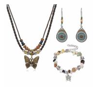 XFSRG Bohème Bijoux pour Femme Papillon Collier Bracelet en Pierre Naturelle et boucles d'oreilles Ensemble de Bijoux Occidentaux pour Toutes Occasions