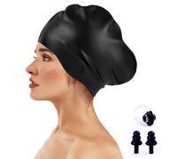 XFSRG Bonnet de Bain en Silicone Noir Extra Large pour Cheveux Volumineux Dreadlocks Tresses Extensions Étanche avec Bouchons d’Oreilles et Pince Nez Bonnets de Bain Unisexe