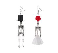 XFSRG Boucles d’Oreilles Halloween Femme Gothic Paire Asymétrique de Squelettes avec Chapeau Haut de Forme et Rose Bijoux Amusants pour Soirée et Look Festival