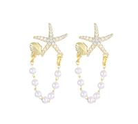 XFSRG Boucles d’Oreilles Pendantes avec Étoile de Mer et Perle Boucle d'Oreille à Pompons Élégantes avec Chaîne Zircons Brillants Détail Coquillage Bijou Chic et Raffiné (Or)