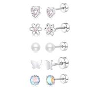 XFSRG Boucles d'Oreilles Enfant Fille Piercing Oreille Acier Inoxydable Set de 6 Designs Mignons Papillon Fleur Cœur Perle Bijoux Fantaisie pour Toutes les Occasions (Argent)