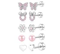 XFSRG Boucles d'Oreilles Enfant Fille Piercing Oreille Acier Inoxydable Set de 6 Designs Mignons Papillon Fleur Cœur Perle Bijoux Fantaisie pour Toutes les Occasions (Rose)