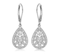 XFSRG Boucles d'Oreilles Femme Ajouré en Forme de Goutte Pendentif en Zircone Accessoires de Luxe Élégantes (Argent)
