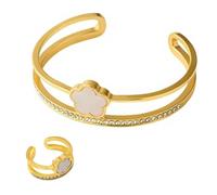 XFSRG Bracelet et la Bague Trèfle à Quatre Feuilles Femme Jonc Ouvert Motif Fleur Portebonheur Réglable Femme Bracelet Acier Inoxydable Trèfle