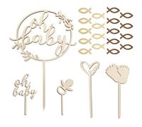 XFSRG Cake Topper en Bois Set Deco Gâteau Baby Shower avec Topper Oh Baby 4 Piques Thématiques Empreintes Script Tétine Cœur 18 Poissons Décoratifs (B)