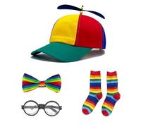 XFSRG Casquette Hélice Multicolore Adulte Enfant avec Accessoires Déguisement, Chaussettes Arc-en-Ciel, Nœud Papillon et Lunettes Rondes, Idéal pour Carnaval, Fête et Cosplay