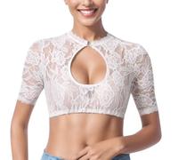 XFSRG Chemise Femme Dentelle à Manches Courtes Chic et Élégant Traditionnelle Dirndl Blouse pour Les Vacances Fêtes(Blanc/M)