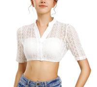 XFSRG Chemise Femme Sexy Dentelle Col en V Manches Courtes Mode Traditionnelle Dirndl Blouse de Bière Bavaroise Fête(Blanc/M)