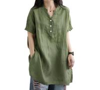 XFSRG Chemise Lin Femme Haut Été T-Shirts Coton Lin Chemise Col en V Bouton Respirant Tunique Grande Taille D'été Décontracté Ample Blouse Tops(Vert/XXL)