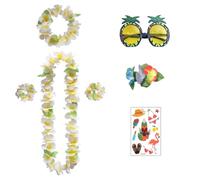 XFSRG Collier Guirlande Hawaïenne Set de 7 avec Collier de Fleurs Bandeau Bracelet Barrette Lunettes Tatouages Accessoires pour Fête Hawaï Plage (Blanc)