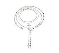XFSRG Collier Multi Rangs Croix 4 Pièces avec Strass Colorés et Glands Collier Boho Vintage à Superposition pour Femme Élégant Colliers pour Clavicule (Argent)