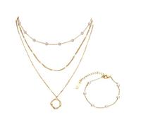 XFSRG Collier Multicouche Plaqué Or 14K avec Pendentif Cercle Ouvert et Bracelet Perles Ensemble de Bijoux pour Femmes Bijou Perles Polyvalent et Élégant (Or-2)