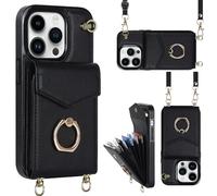 XFSRG Coque pour iPhone 16 Etui avec Cordon Strap Poignet Collier Sangle avec Portefeuille à Rabat en Cuir 360° Anneau pour Téléphone Portable