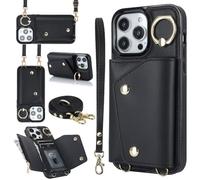 XFSRG Coque pour iPhone 16/Pro/Max avec Cordon Sangle Housse pour Téléphone Réglable avec Anneau Telephone Portable Porte Carte Pochette 4 Slots de Cartes Anti-Chute