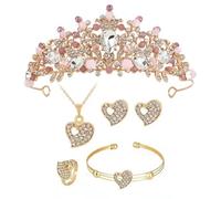 XFSRG Couronne Femme en Cristal Diadème Perles Papillon Élégant avec Boucles d'Oreilles Bague Collier et Braceletpour Mariage Anniversaire Soirée (Rose 1)