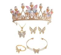 XFSRG Couronne Femme en Cristal Diadème Perles Papillon Élégant avec Boucles d'Oreilles Bague Collier et Braceletpour Mariage Anniversaire Soirée (Rose)