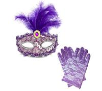 XFSRG Dentelle Masque Bal Masqué Femme Homme Plumes Serties de Diamants Comprend des Gants Masque Venitien Raffinées et Élégantes pour les Fêtes Bals Célébrations Festives