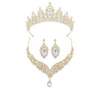 XFSRG Élégant Parure de Bijoux de Mariée 3 Pièces avec Couronne Scintillante Collier en V et Boucles d’Oreilles Goutte Bijoux de Luxe pour Mariage et Occasions Spéciales (Or)
