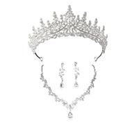 XFSRG Élégant Parure de Bijoux de Mariée 3 Pièces avec Couronne Scintillante Collier en V et Boucles d’Oreilles Goutte Bijoux de Luxe pour Mariage et Occasions Spéciales