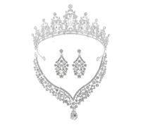 XFSRG Élégant Parure de Bijoux de Mariée 3 Pièces avec Couronne Scintillante Collier en V et Boucles d’Oreilles Goutte Bijoux de Luxe pour Mariage et Occasions Spéciales (Argent)