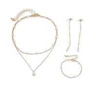 XFSRG Élégant Parure de Bijoux Femme avec Perles Collier Superposé Boucles d'Oreilles Pendantes et Bracelet Plaqué Or 14K Idéal pour les Dîners et le Quotidien