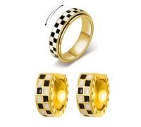 XFSRG Ensemble Bijoux Damier pour Femme Bague en Acier Inoxydable Noir et Blanc et Boucles d’Oreilles Huggie Hypoallergéniques pour Usage Quotidien Fêtes ou Cadeau (Or-2)
