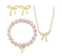 XFSRG Ensemble de Bijoux Élégant avec Nœud Papillon 3 Pièces Collier Bracelet Élastique et Boucles d’Oreilles pour Un Look Délicat au Quotidien ou en Soirée (Rose)