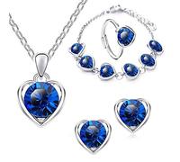 XFSRG Ensemble de Bijoux Fantaisie Femme Collier Bracelet Bague et Boucles d'Oreilles en avec Pendentif en Cristal Bleu Parure Bijoux Mariage Idéal pour Toutes Occasions