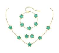 XFSRG ensemble de Bijoux TrèFle à Quatre Feuilles pour Femme Fille Braceiet, Boucles d'Oreilles,Collier DéLicat Acier inoxydable Parure pour Cadeau d'Anniversaire Mariage（Vert）
