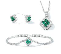 XFSRG Ensemble De Bijoux Trèfle À Quatre Feuilles Zirkonia Einlage Collier Boucles D'oreilles Bracelet Set Réglable Bijoux Feuilles pour Femme Fille (Argent)