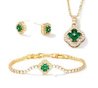 XFSRG Ensemble De Bijoux Trèfle À Quatre Feuilles Zirkonia Einlage Collier Boucles D'oreilles Bracelet Set Réglable Bijoux Feuilles pour Femme Fille (Or)