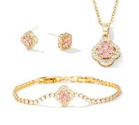 XFSRG Ensemble De Bijoux Trèfle À Quatre Feuilles Zirkonia Einlage Collier Boucles D'oreilles Bracelet Set Réglable Bijoux Feuilles pour Femme Fille (Or-1)