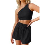 XFSRG Ensemble Femme Elegant Une Épaule Étirer Plier Haut Crop Top et Short Taille Haute 2 Pièces Chic Vetement Casual Ete Tenue pour Plage Sortir Vacances (Noir M)