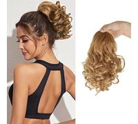 XFSRG Extension Cheveux Synthétique Ondulée 23 Cm Queue de Cheval Courte Bouclée avec Cordon pour Femme Postiche Naturel pour Usage Quotidien (Brun doré)