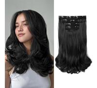 XFSRG Extension de Cheveux à Clips Longue Ondulées Extension à Clip 4pcs 35cm Naturel Synthétique Rajout Postiche Invisible Cheveux pour Femme (Noir)