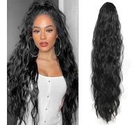 XFSRG Extension de Queue de Cheval pour Femmes - Cordon de Serrage en Extension de Cheveux Synthétique - Longue Bou Ondulée - Noir/60CM