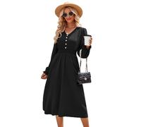 XFSRG Femme Robe Manches Longues Casual Button Col en V Midi Manches Lanterne Lâche Plaine Chic Élégante Décontractée Robes Automne et Hiver pour Fête Noël Mariage (Noir XL)