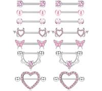 XFSRG Kit Piercings 7 Paires de Piercing Tétons Femme en Acier Chirurgical 14G et Piercing Langue avec Zirconia Rose Papillon Cœur Bijoux Corporels Féminins
