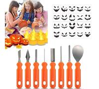 XFSRG Kit Sculpture Citrouille Halloween 28 Pièces 8 Outils en Acier Inoxydable et 20 Pochoirs Pet 13×13 cm - Découpe Citrouille avec Poignée Ergonomique pour DIY Décoration Halloween