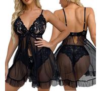 XFSRG Linerie Sexy Nuisette Femme Mini Chemise de Nuit Col V Babydoll Lingerie Sexy Sensuelle Coquin Robe Fendue avec Culotte（S）