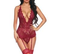 XFSRG Lingerie Sexy Femme Coquine Hot Body Dentelle Plongeant Tenue Érotique Combinaison Nuisette Ensemble Bodystocking avec Jarretelles Vêtements sous Vetements