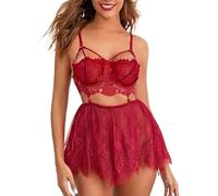 XFSRG Lingerie Sexy Femme en Dentelle Babydoll avec String Transparent Tenue de Boudoir Élégante Robe de Nuit Érotique Ensemble de Lingerie (Rouge/M)
