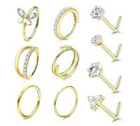 XFSRG Lot de 10 Anneaux de Nez en Acier 316L avec Opale Oxyde Zirconium Plaqué or 14 Carats pour Femme 20g Hypoallergéniques Pour Looks Tendance Sorties Peaux Sensibles