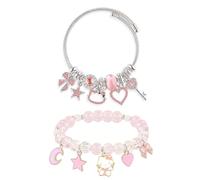 XFSRG Lot de 2 Bracelet Femme Bracelets Acier Inox Réglable et Bracelet Élastique en Perles avec Breloques Hello Kitty Chat Cœur Lune Étoile Bijoux Mignon Tendance (Rose-1)