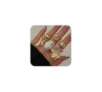 XFSRG Lot de 6 Chunky Bague Femme Anneaux Ouverts Vintage à Superposer avec Motifs Fleur et Perles Bijoux d’Été Antioxydation (Or)