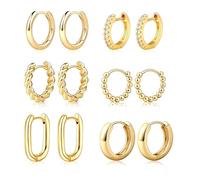 XFSRG Lot de 6 paires de boucles d'oreilles créoles plaquées or 14 carats hypoallergéniques et épaisses Idéal pour le quotidien le travail les soirées ou rendez vous