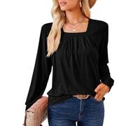 XFSRG Manche Longue Chemisier Femme Col Carrée Chic et Elegant Tunique Top Couleur Unie Décontracté Ample Chemise pour Le Travail(Noir/S)